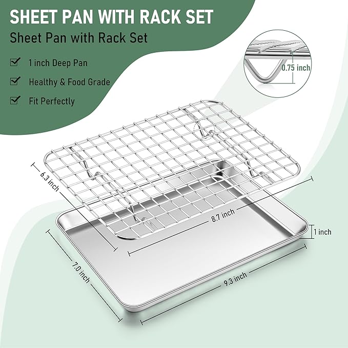 Toaster Oven Pan with Rack Set (1 Pan+1 Rack), Homikit 9 x 7 Inch Small Baking Sheet with Wire Rack, Stainless Steel Cookie Sheets for Baking, Cookie Bacon Tray with Cooling Rack, Dishwasher Safe