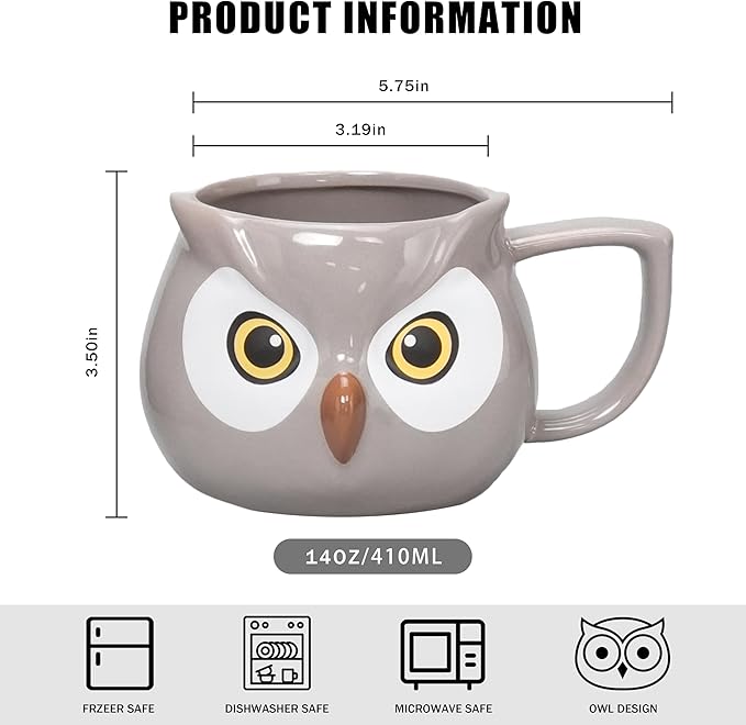 Owl Mug - Ceramic Coffee Cup for Women, 3D Funny Coffee Mug, Christmas Birthday Owl Gifts for Women Man Kids 14oz