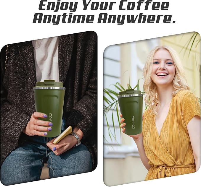Travel Coffee Mugs Leak-Proof, Reusable Coffee Cups with Lids, Stainless Steel Vacuum Insulated Coffee Tumblers, Thermal Insulation Cups for Men and Women Hot & Cold Drinks(2nd-Green, 17OZ)