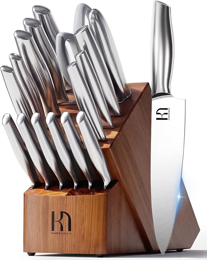 Kitchen Knife Set with Block 17 Pcs, Knife Block Set, Japanese High Carbon Stainless Steel Knives Set for Kitchen with Sharpener, Razor Sharp Premium Block Knife Sets