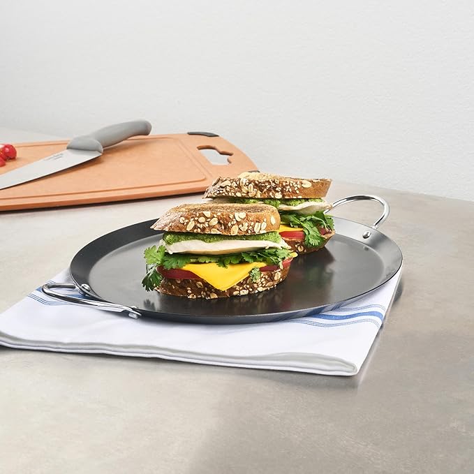 Restaurantware-Met Lux 11.06 Inch Round Griddle With Double Handle, 1 No-Stick Flat Top Grill - Compatible With Open Fire And Gas, Durable, Black Carbon Steel Griddle Pan, Even-Heating, For Eggs