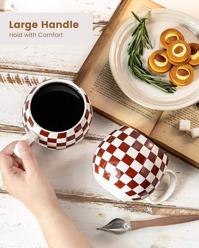 LAUCHUH Porcelain Coffee Mugs - 18 Ounce Large Mug Set of 6 Coffee Cups with Handle for Mother's Day, Tea Latte Cappuccino Milk Cocoa, Dishwasher & Microwave Safe, Brown and White