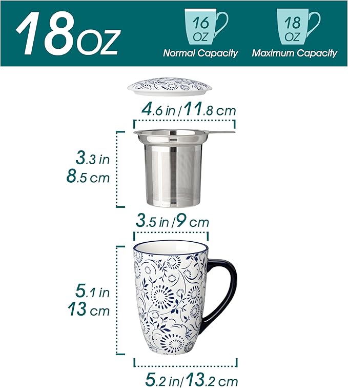 vancasso SELENE Porcelain Tea Mug, 18 oz Porcelain Tea Cup with Infuser and Lid Steeps Loose Leaf Tea, Microwave & Dishwasher Safe, Floral Bloom