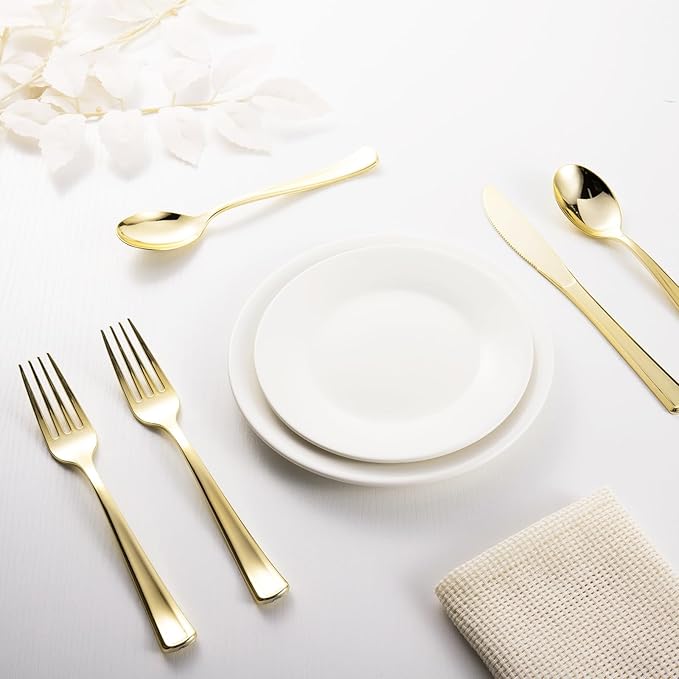 144 Pack Gold Premium Heavy Duty Plastic Silverware, 48 Forks, 48 Spoons, 48 Knives, For Catering, Parties, Dinners and Weddings, BPA-Free, Disposable Plastic Cutlery Set Utensils Set
