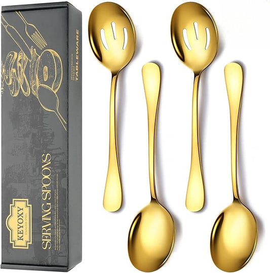 4 Piece Stainless Steel Serving Spoons Set, 10-Inch, Includes 2 Large, 2 Slotted, for Parties/Kitchen/Buffet/Catering, Dishwasher Safe, Gold