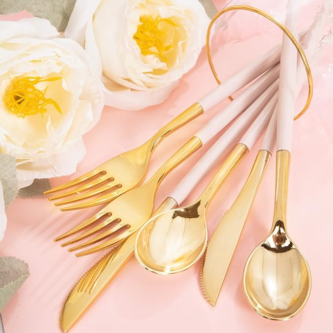 Rubtlamp 90Pcs Gold Plastic Silverware, Fancy Easter Utensils Set With Pink Handles Include 30 Gold Knives, 60Plastic Forks and Spoons, Pink Silverware Heavy Duty For Mother's Day