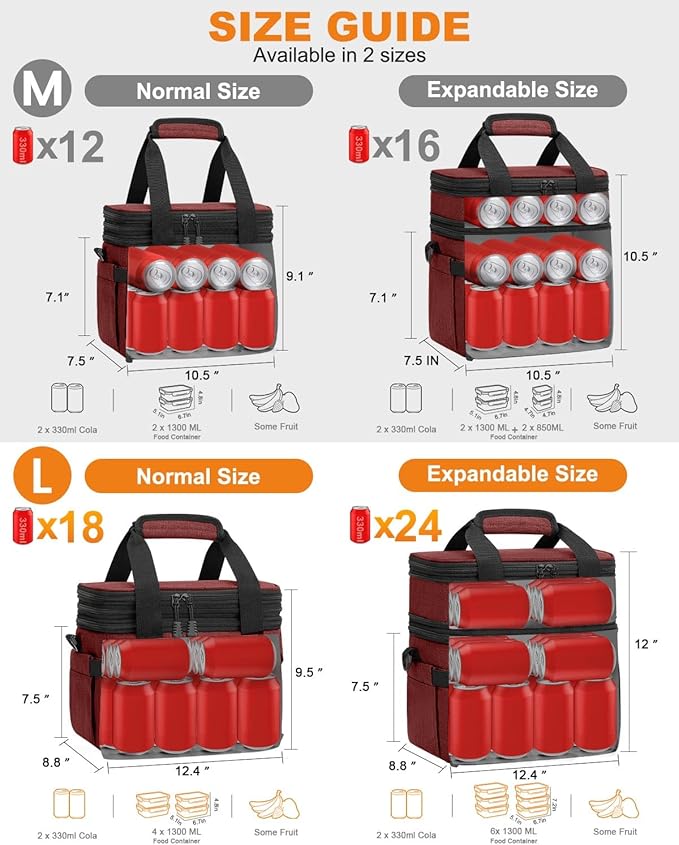 Lunch Box For Men Women Double Deck Insulated Lunch Bag For Men Woman Leakproof Expandable Cooler Bag with Adjustable Shoulder Strap for Work Picnic Camping(Wine Red,Large)