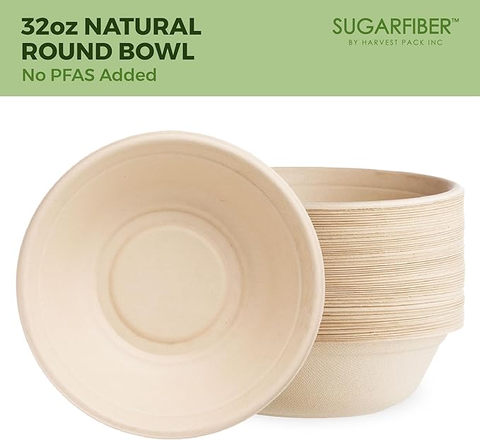 [500 COUNT]Harvest Pack PFAS FREE 32oz Compostable Round Paper Bowls, Heavy-Duty Eco-Friendly Disposable Bagasse Large Soup Bowls, sugarcane made for Meal Prep Takeout Dinnerware, Microwave Safe