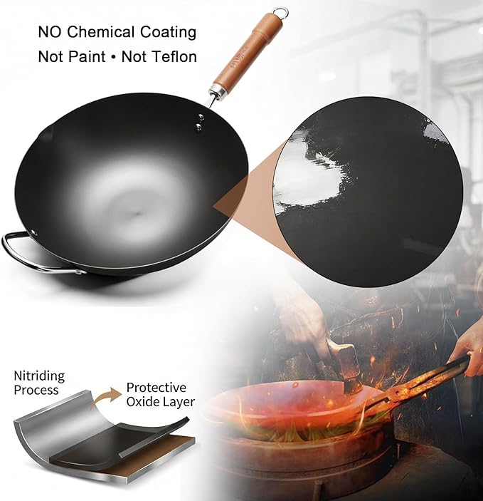 WANGYUANJI Carbon Steel Wok Pan, 13.4" Woks & Stir-Fry Pans with Glass Lid No Chemical Coated Flat Bottom Iron Wok for Induction, Electric, Gas, Halogen All Stoves
