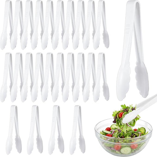 Tessco for you 25 Pcs Plastic Tongs for Serving Bulk, 9 Inch Plastic Disposable Serving Tongs, Heavy Duty Salad Tong for Kitchen, Buffet, BBQ, Events & Catering (White)