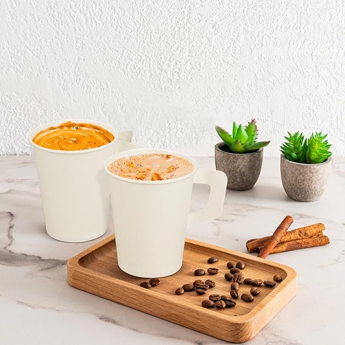 Disposable Tea Cups for Tea Party,8 Oz Paper Coffee Cups with Handles,Disposable Paper Cups for Hotel Motel Room Home Cafes Bistros Parties(50 Pcs)