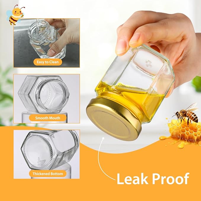 3 oz Mini Honey Jars with Dipper, 30 Pack Glass Hexagon Honey Jar for Baby Shower, Empty Glass Jars for Wedding Favors and Party