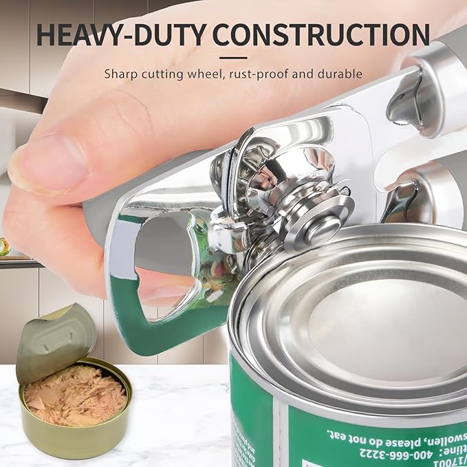 Can Opener Manual, Heavy Duty Stainless Steel Smooth Edge Can Opener With Soft Touch Handle, Oversized Handheld Easy Turn Knob, Multi-Function Bottle Opener, Gray