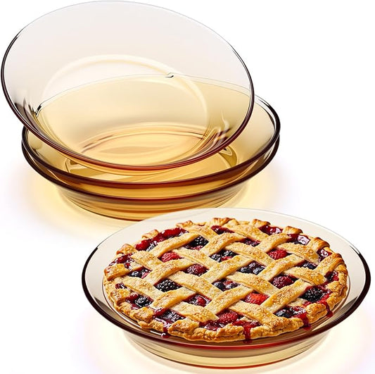 4 Pack Glass Pie Pan 8 Inch Round Baking Dishes Amber Glass Pie Dishes Serving Plates for Snacks, Salads, Desserts, Quiche, Tart, Oven and Dishwasher Safe, Heat Resistant