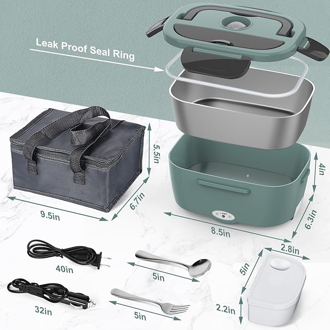 Green Electric Lunch Box Food Heater 80W Heated LunchBox for Adults, 12V 24V 110V 220V Lunch Warmer Portable for Work Car Truck Jobsite Work with 304 Stainless Steel Container Christmas Gift
