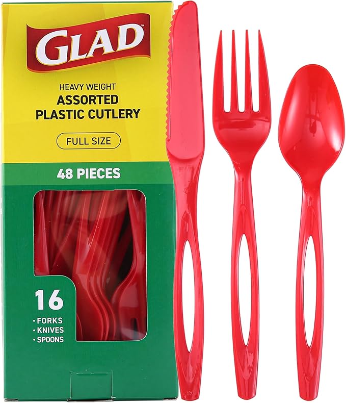 Glad Assorted Plastic Cutlery Set | Extra Heavy Duty Red Forks, Knives, and Spoons | 48 Piece Disposable Party Utensils, Sturdy Cutlery