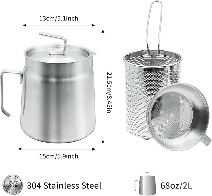 68oz Stainless Steel Oil Filter Pot with Deep Fryer Basket - Kitchen Large Capacity Versatile Oil Strainer Vessel and Bacon Grease Saver for Cooking Grease