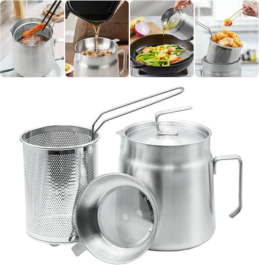 68oz Stainless Steel Oil Filter Pot with Deep Fryer Basket - Kitchen Large Capacity Versatile Oil Strainer Vessel and Bacon Grease Saver for Cooking Grease
