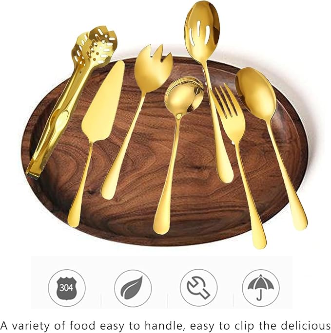 Golden Flatware 7 Piece Stainless Steel Set Includes Serving Spoons, Slotted Serving Spoon, Serving Tongs, Serving Fork, Salad Fork, Soup Ladle, Pie Server