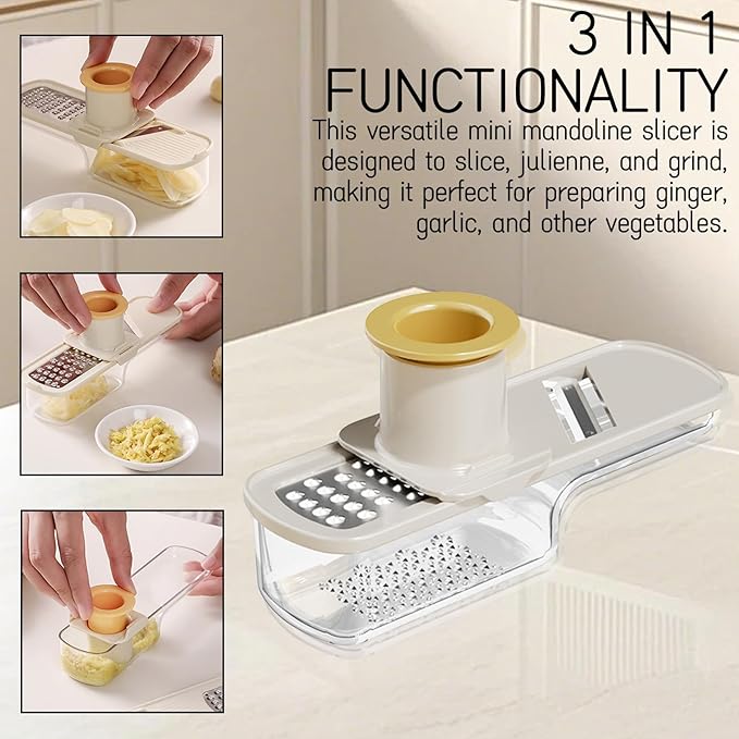 2 Pieces Mini Mandoline Slicer 3 in 1 - Ginger Garlic Grater, Vegetable Chopper with Container, Easy Grip Handheld Kitchen Tool, Safety Guard, for Camping Cooking and Picnic