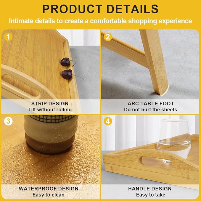 Bamboo Bed Tray Table with Folding Legs Set of 2 Foldable Breakfast Tray Portable Serving Table Laptop Snack Drawing Breakfast Trays for Bed (Set of 2)