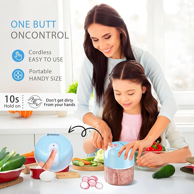 EASYSPEED Electric Garlic Chopper 1Cup, Mini USB-C Charging Food Processor, Garlic Mincer with 3 Stainless Steel Sharp Blades, Portable Kitchen Meat Grinder for Onion, Ginger, Chili, Baby Food, Blue