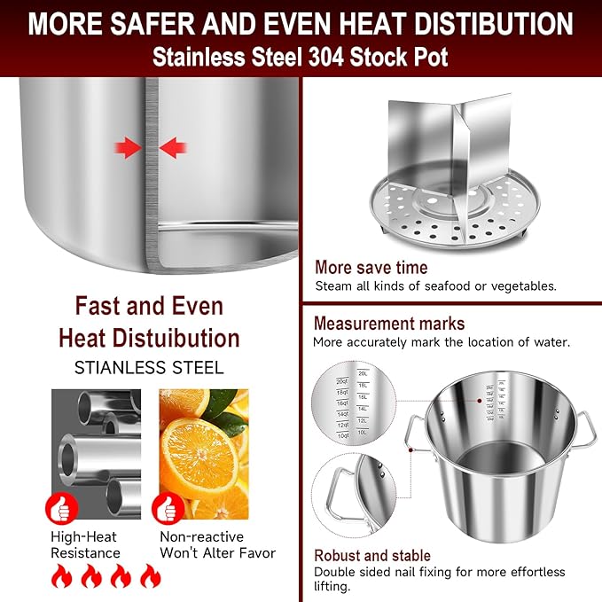 AOSION 24 Quart Stainless Steel Stock Pot With Lid, 3-IN-1 Heavy Duty Tamale Steamer Pot with Visible Lid for Pasta,Large Crawfish Pot for Cooking with Steam Rack,Dishwasher & Oven Safe.