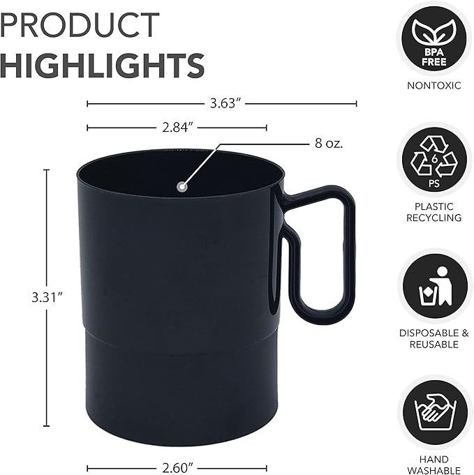 Party Essentials 8-Ounce Hard Plastic Coffee Cup/Tea Mug with Handle, 20-Count, Bistro Black (Pack of 6)