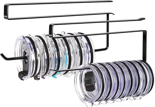 2 Pack Tumbler Lid Organizer, Horizontal Tumbler Lid Storage Hook Up to 20 Lids, Space Saving Cup Lid Holder Under Cabinet Tumbler Lid Hook for Kitchen Organizer, Paper Towel Hanger(Round&Flat, Black)