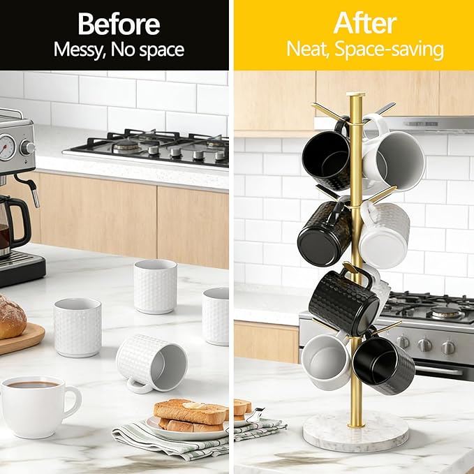 Gold Mug Holder Tree with Marble Base, 8 Hooks Coffee Cups Holder Stand, New Upgrad Stable Removable Mug Rack for Kitchen Cafe