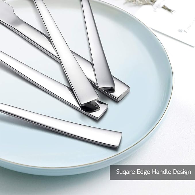 20-Piece Silverware Set, E-far Stainless Steel Flatware Set Service for 4, Modern Tableware Cutlery Set includes Forks, Spoons, Knives, Square Edge & Mirror Finish, Dishwasher Safe
