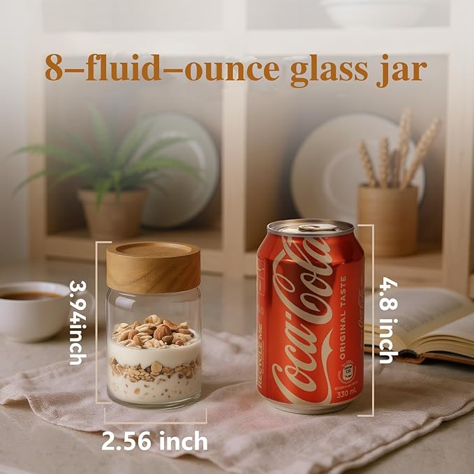6pc 8 fl oz Glass Mason Jars with Acacia Wood Airtight Lids - Food Storage Container Set, Clear Stackable Leakproof Kitchen Canisters for Meal Prep/Snack Organization/Spice Storage