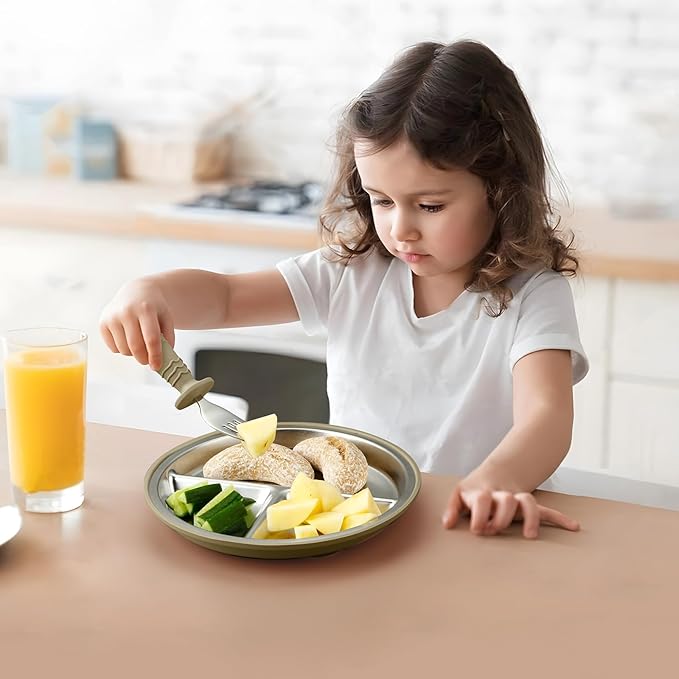 PandaEar 3 Pack Stainless Steel Baby Suction Plates, Divided Toddler Plate for Baby Led Weaning Supplies, Non-Slip Toddler Baby Feeding Set Dishwasher Safe (Blue/Green/Brown)