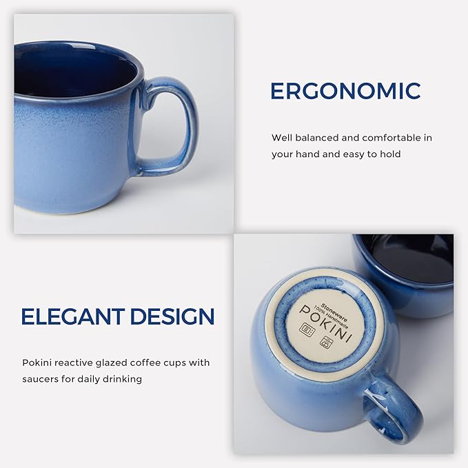 Stoneware Coffee Cups with Saucers, 6 Oz Cappuccino Cups Set of 4, Microwave & Dishwasher Safe, Perfect For Tea, Espresso, Latte, Ceramic Mugs for Kitchen or Cafe, Light Blue