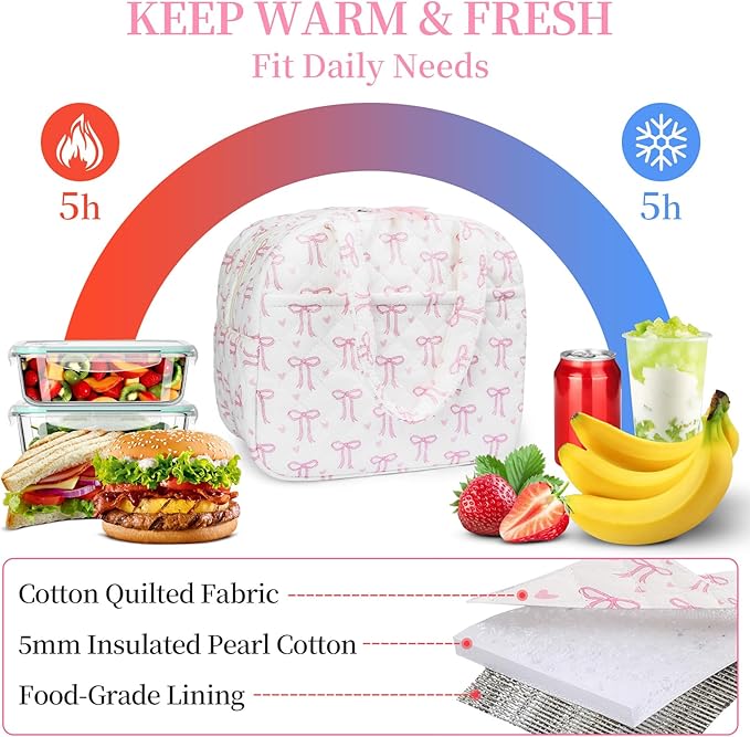 Quilted Lunch Box for Women,Coquette Aesthetic Lunch Box for Teen Girls,Cute Floral Lunch Bags for Work, School,Office,Picnic,Travel (pink bow heart)