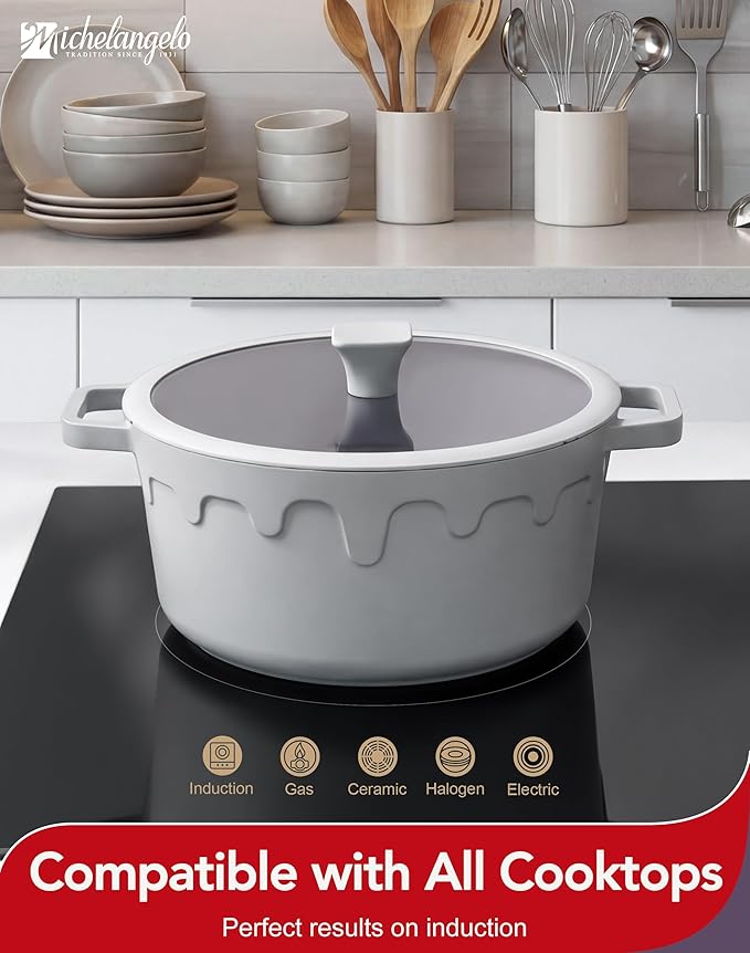 MICHELANGELO 8-Quart Soup Pot with Lid - Nonstick Large Ceramic Stock Pot for Induction Cooktop, 8qt Non Stick Cooking Pots with Silicone Handle Covers & Pot-Holder, Grey