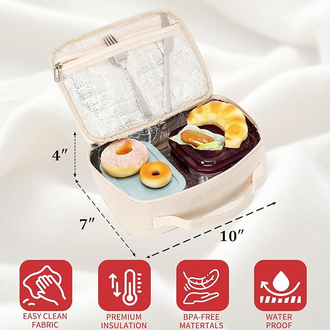 LEDAOU Lunch Bag Kids Insulated Lunch Box Girl Boy Insulated Reusable Lunch Bag for School Picnic Hiking Work (cream-coloured)