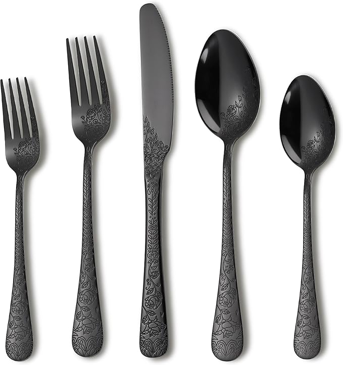 Runfly Vintage Carved Floral Black Silverware Set for 4, Stainless Steel 20-Piece Flatware Set with Knife/Fork/Spoon, Cutlery Set for Home and Kitchen, Modern Utensil Set