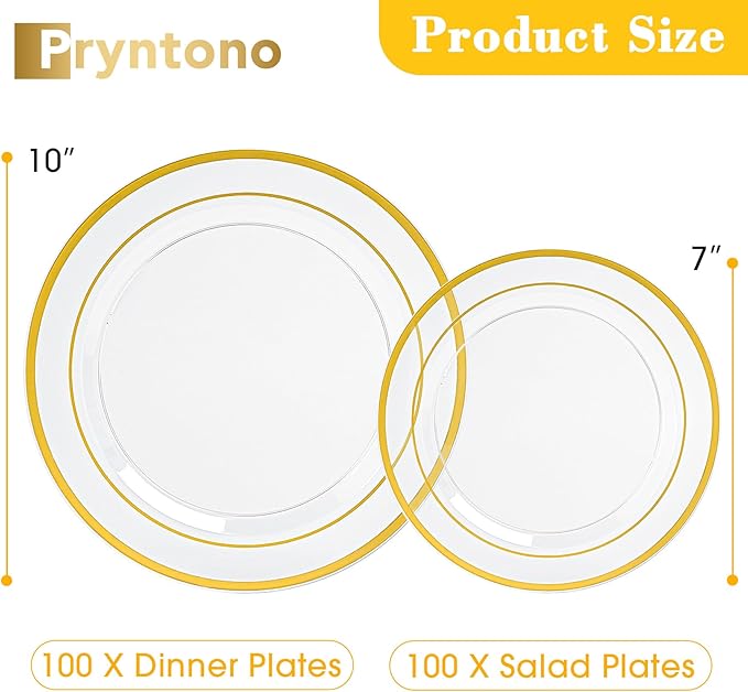 200PCS Clear Plastic Plates, Disposable Party Plates with Gold Rim, Include 100 Dinner Plate and 100 Elegant Dessert Plate for Party and Wedding