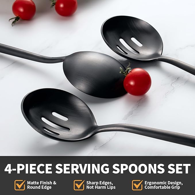 4 Piece Serving Spoon Set(2 Spoons and 2 Slotted Spoons),O.C.E. Stainless Steel Buffet Serving Utensils,10.3 Inches,Premium Flatware,Matte Black