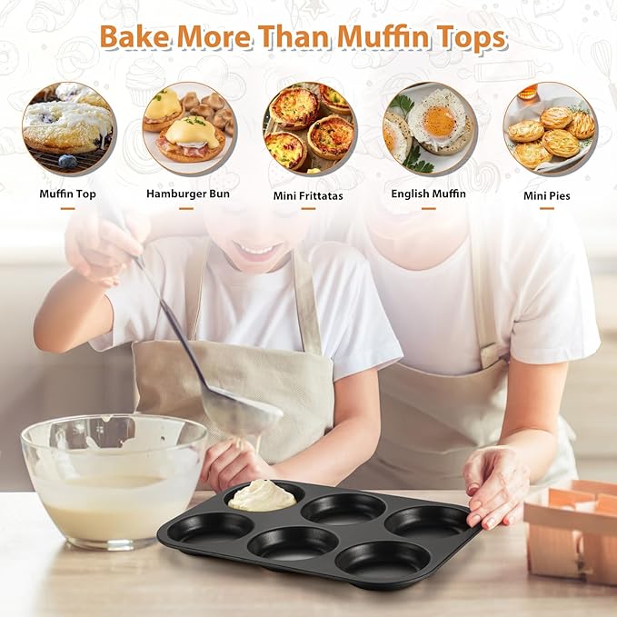 E-far Muffin Top Pan, Nonstick 6-Cavity Shallow Cupcake Pan for Baking Whoopie Pie, Yorkshire Pudding, Eggs, Cornbread, Drop Cookies, Easy Release & Clean, 3-Inch Standard Size