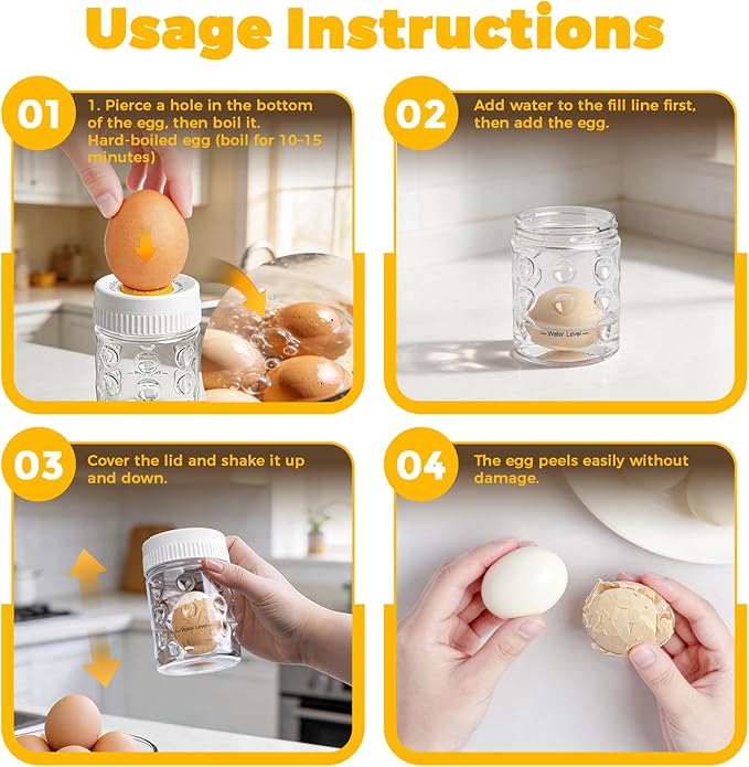 2 in 1 Egg Peeler with Piercer, Hard Boiled Egg Shell Remover Tool with Rotary Lock & Leak-Proof Design, Clear Egg Peeler for Meal Prep, Fitness, Camping & Deviled Eggs, Easy to Use & Clean (White)