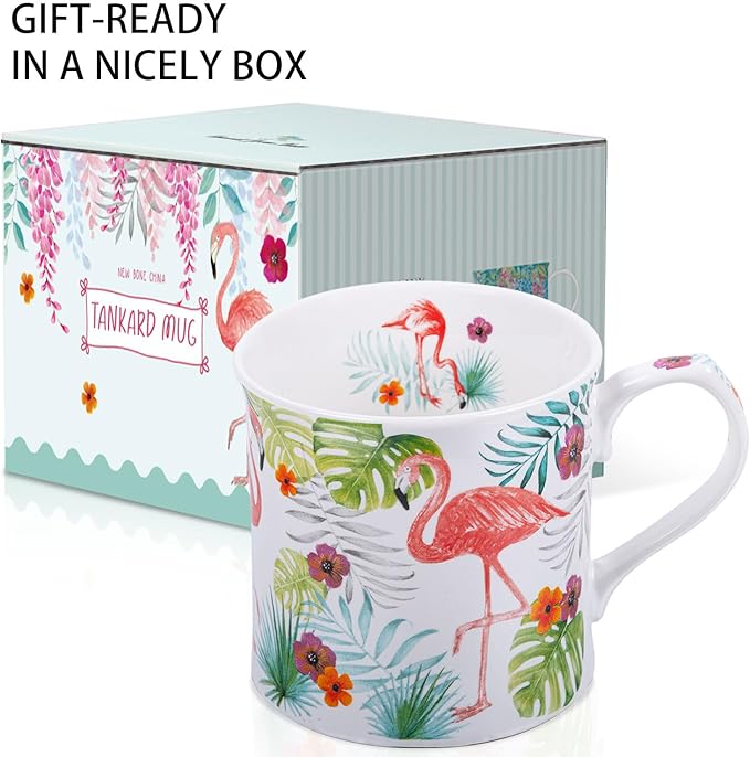 Flamingo Coffee Mug, Pink Flamingo & Tropical Greenery Ceramic Mug, 12oz New Bone China Tea Mug, Birthday & Valentine’s Day Gift for Women & Girls, Designed in England by Harvest Green Studio