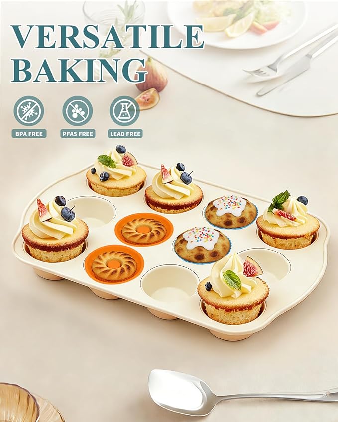Nonstick Muffin Pan with 12 Silicone Baking Cups, Carbon Steel Muffin Tin for Muffins, Cupcakes, Egg Bites and more, Non Toxic, Easy to Clean, Dishwasher Safe, Sunshine Cream