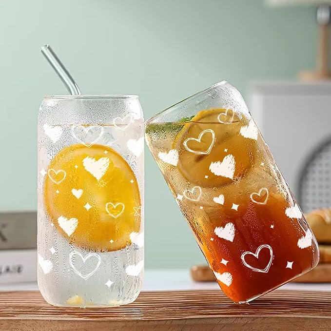 Glass Cups with Lids and Straws, 2 Pack 16 oz Borosilicate Iced Coffee Tumblers, Bamboo Lids, Glass Straws, Matching Heart Drinkware for Couples and Best Friends, Valentines Day, Galentines Day