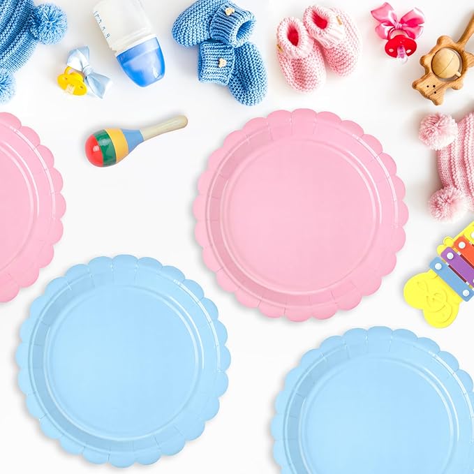 48 Pcs Gender Reveal Paper Plates for Boy or Girl Themed Party, 7" Light Pink and Blue Birthday Party Scalloped Round Dessert Plate for Baby Shower, Birthday, Wedding Party Decorations