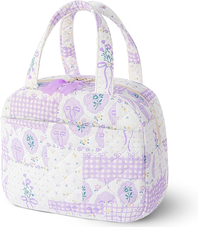 Quilted Lunch Box for Women,Coquette Aesthetic Lunch Box for Teen Girls,Cute Purple Bow Floral Lunch Bags for Work, School,Office,Picnic,Travel (Purple Bow Floral)