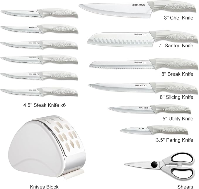 RAXCO Knife Set,15-Piece Stainless Steel Kitchen Knives with Block for Professional Cutting,White