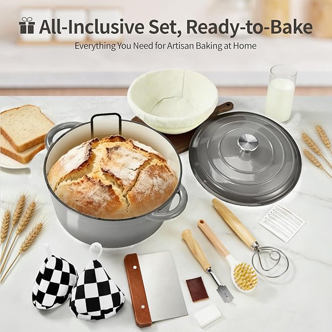 Enameled Cast Iron Dutch Oven with Lid -6.5 QT, incl. Sourdough Bread-Baking Supplies like Banneton Proofing Basket, Heavy Duty Cookware Bread-Oven for Baking, Stews, and Roasting, Gray