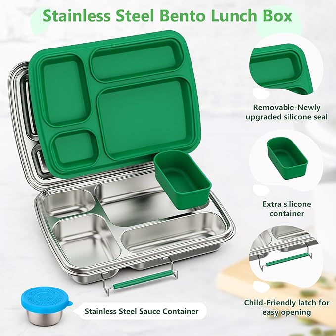 Stainless Steel Bento Lunch Box for Kids & Adults, 4 Compartment Kids Lunch Box, Metal Bento Box with Silicone Container and Stainless Steel Sauce Container,BPA-Free,School,Office(Green)